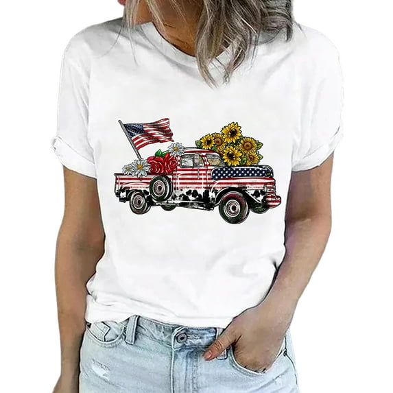 Enwejyy Womens Independence Day US Flag Short Sleeve Round Neck Cotton Basic T-Shirt Tops