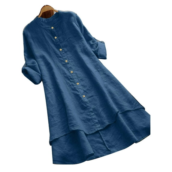 Enwejyy Womens Leisure Solid Color Long Sleeve Loose Waist Cotton Linen Henley Button Shirt Dresses Plus Size