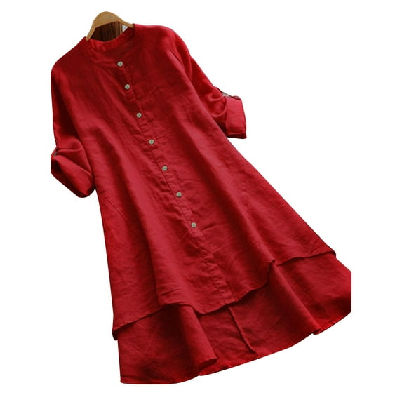 Enwejyy Womens Leisure Solid Color Long Sleeve Loose Waist Cotton Linen Henley Button Shirt Dresses Plus Size