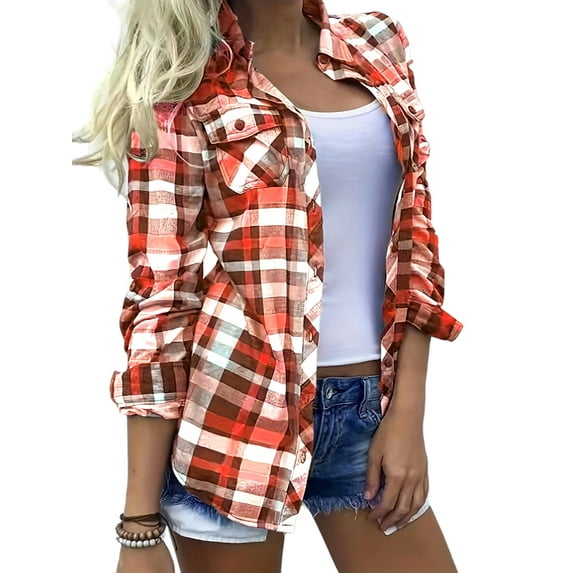 Enwejyy Womens Long Sleeve Turn-down Collar Check Button Henley Spliced Basic Blouse