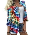 thumbnail image 1 of Enwejyy Womens Long Sleeve Turn-down Collar Check Button Henley Spliced Basic Blouse, 1 of 2