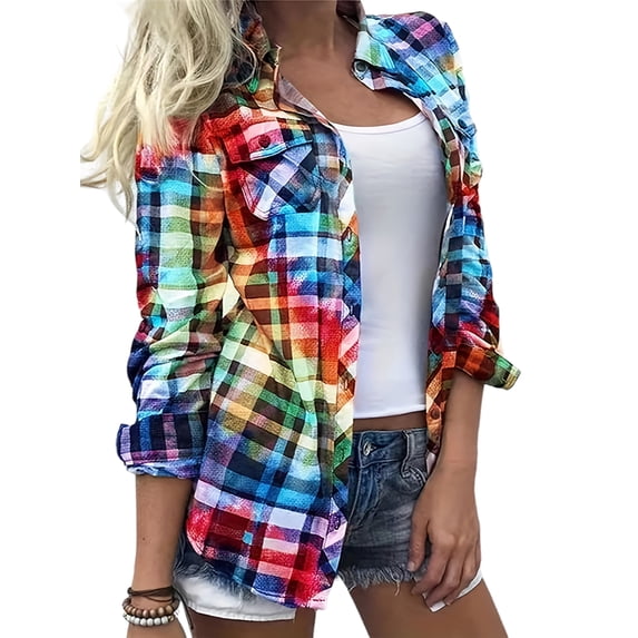 Enwejyy Womens Long Sleeve Turn-down Collar Check Button Henley Spliced Basic Blouse