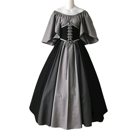 Enwejyy Womens Medieval Retro Gothic Contrast Color Stitching Flying Sleeves Tie Waist Cotton Blend Mid-Calf Dresses