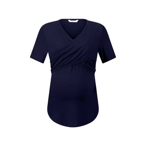 Enwejyy Womens Nursing Breastfeeding Short Sleeve V-Neck Solid Color Pleated Maternity T-Shirts