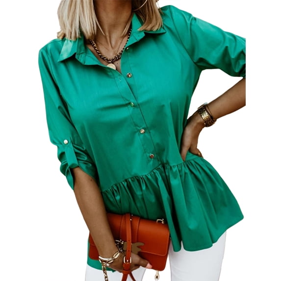 Enwejyy Womens Office Lady Button Solid Color Long Sleeve Single Breasted Pullover Blouse Tops