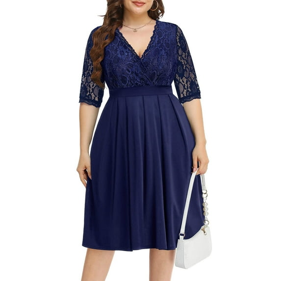 Enwejyy Womens Party Cocktail Ball Gown Lace Stitching Half Sleeve V-Neck Elastic Waist Formal Dresses Plus Size