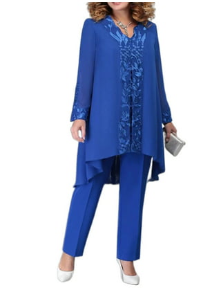 Cathalem Womens plus Size Pantsuit 2Pc Women Color Suit Long Sleeve Leisure  Pocket Home Dresses for Wedding Guest Pants Blue 3X-Large 