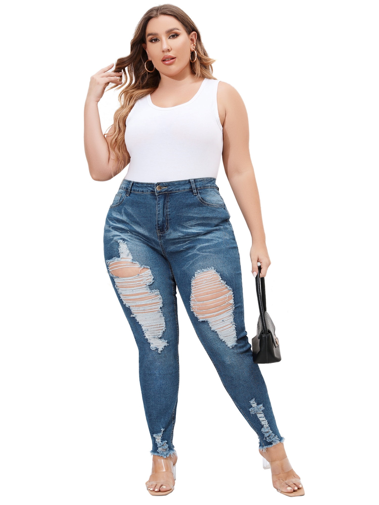 Enwejyy Womens Plus Size Bagi Boyfriend Curve Destructed Ripped Jeans