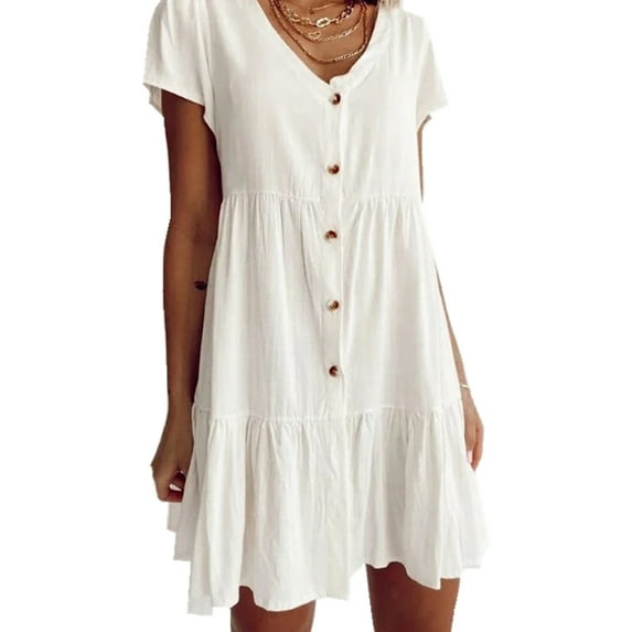 Enwejyy Womens Plus Size Cotton Linen Loose Waist Solid Color Knee Length Dress