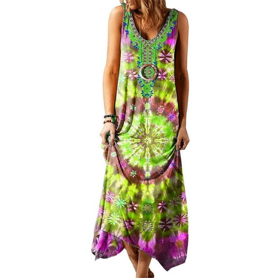 Enwejyy Womens Plus Size S-5XL Holiday Maxi Dress Tank Dress Summer Bohemia Sleeveless Floral Ethnic Printed Sun Dress