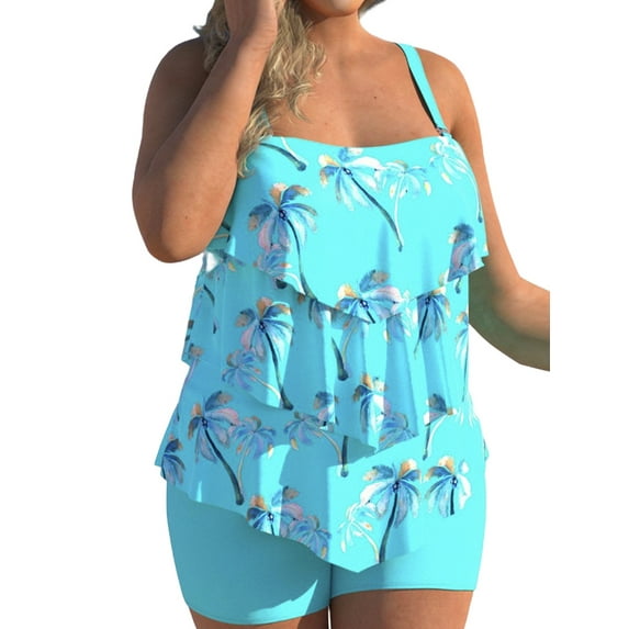 Enwejyy Womens Plus Size Swimsuit Summer Holiday Beach Print 2Pcs Outfits Tankini Swim Set