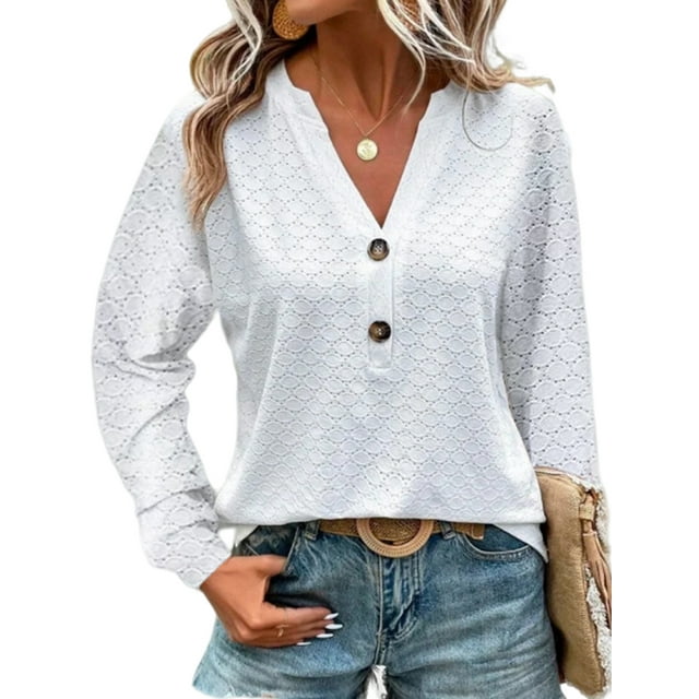 Enwejyy Womens Spring And Fall V-Neck Long Sleeve Solid Button Henley Basic Blouses