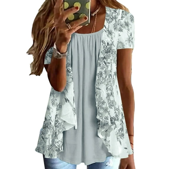 Enwejyy Womens Summer Basic Tops Floral Print Short Sleeve Round Neck Pleated Pullover Fake Two T-Shirt