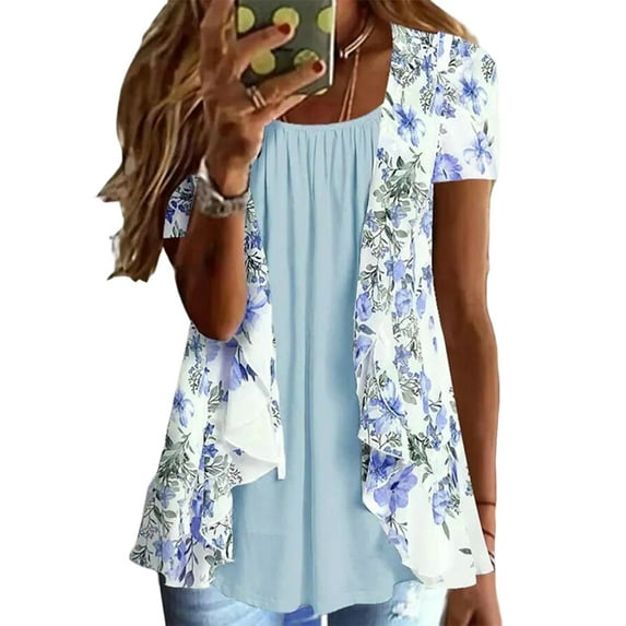 Enwejyy Womens Summer Basic Tops Floral Print Short Sleeve Round Neck Pleated Pullover Fake Two T-Shirt