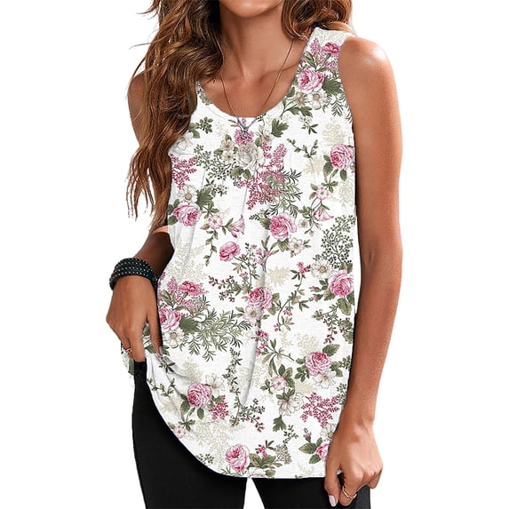 Enwejyy Womens Summer Basic Tops Floral Print Sleeveless Round Neck Plus Size S-5XL Loose Casual Tank Top