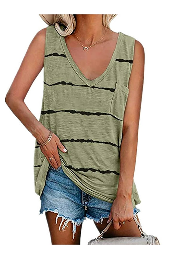 Womens Summer Basic Tops Striped Print Sleeveless V-Neck Casual Loose Tank Tops Plus Size S-5XL