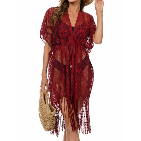 Enwejyy Womens Summer Beach Style Belted Breathable Sheer Lace Swim Dress Sunscreen Cover-ups