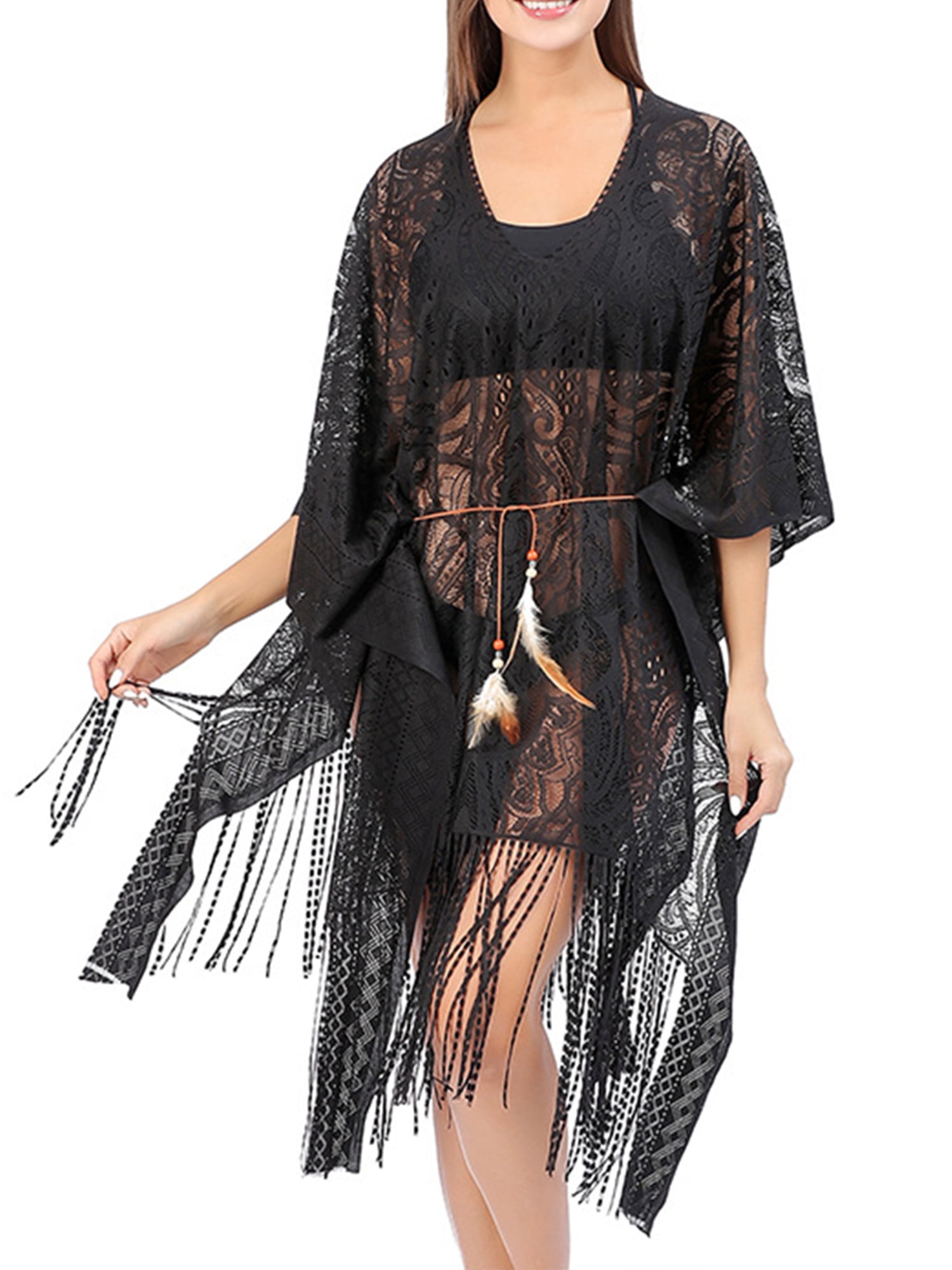 Enwejyy Womens Summer Beach Style Breathable Sheer Lace Swim Dress Bikini Sunscreen Coverups