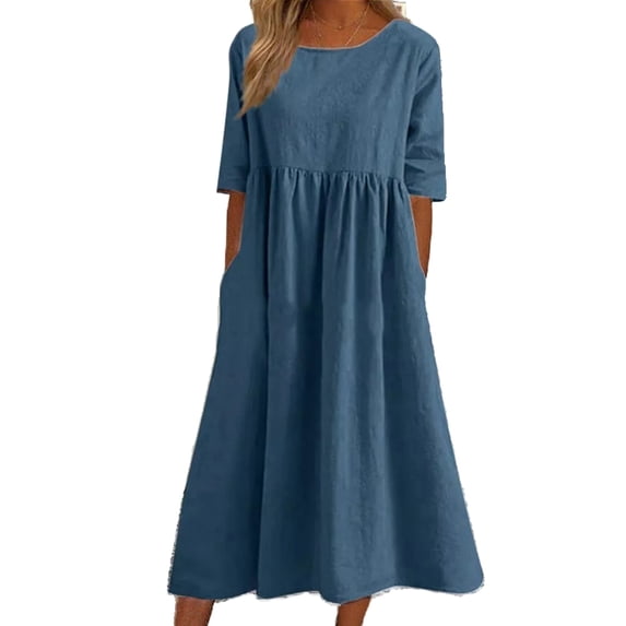 Enwejyy Womens Summer Breathable Cotton Linen Round Neck Short Sleeve Fit & Flare Midi Dresses Plus Size S-5XL