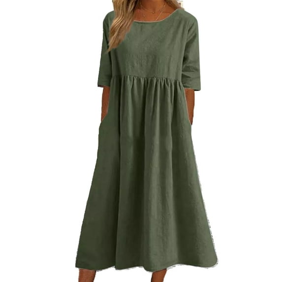 Enwejyy Womens Summer Breathable Cotton Linen Round Neck Short Sleeve Fit & Flare Midi Dresses Plus Size S-5XL