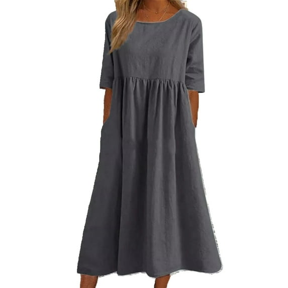 Enwejyy Womens Summer Breathable Cotton Linen Round Neck Short Sleeve Fit & Flare Midi Dresses Plus Size S-5XL