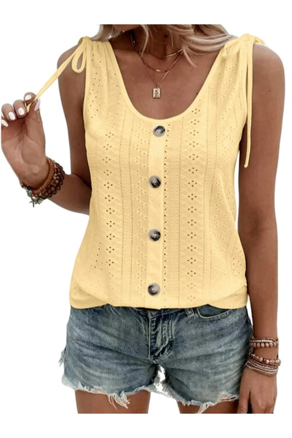 Womens Summer Buttons Draw String Solid Color Sleeveless Round Neck Basic Tank Tops