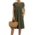 thumbnail image 1 of Enwejyy Womens Summer Cotton Linen Round Neck Short Sleeve Pleated Casual A-Line Dresses, 1 of 2