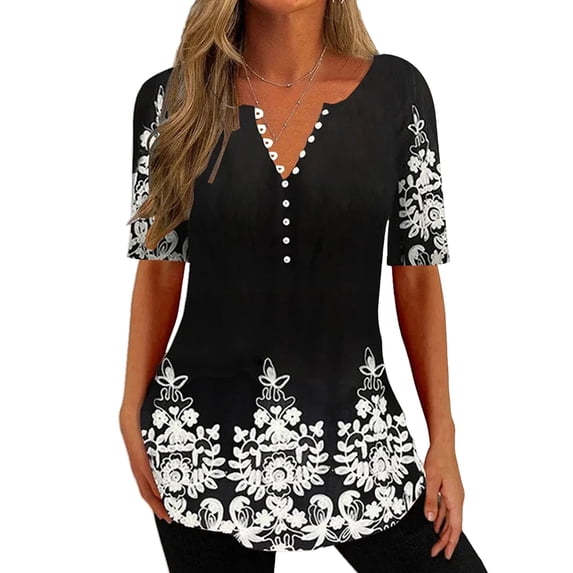 Enwejyy Womens Summer Gradient Floral Print Short Sleeve V-Neck Button Casual Basic T-Shirts Plus Size S-5XL