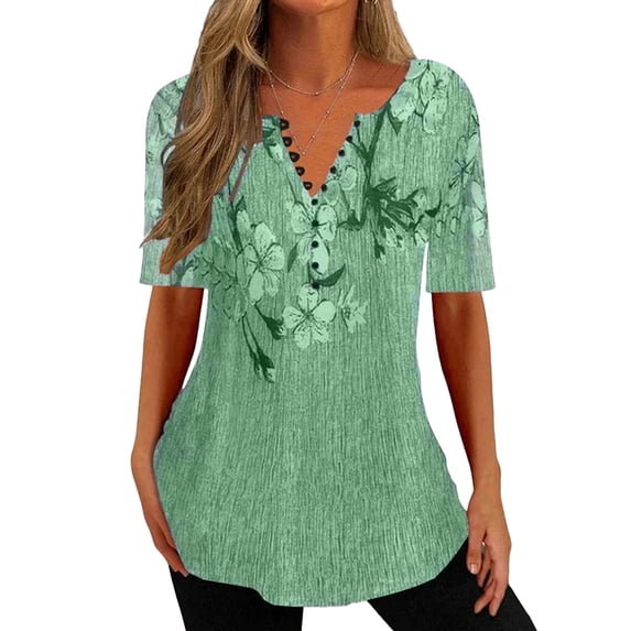 Enwejyy Womens Summer Gradient Floral Print Short Sleeve V-Neck Button Casual Basic T-Shirts Plus Size S-5XL