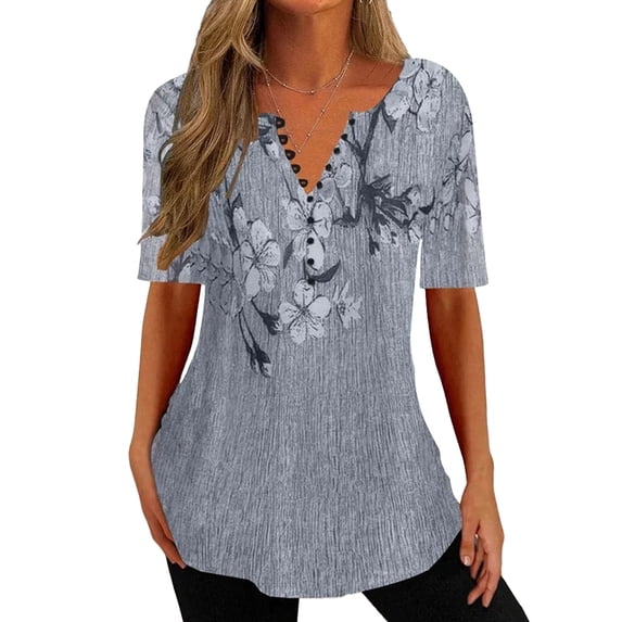 Enwejyy Womens Summer Gradient Floral Print Short Sleeve V-Neck Button Casual Basic T-Shirts Plus Size S-5XL