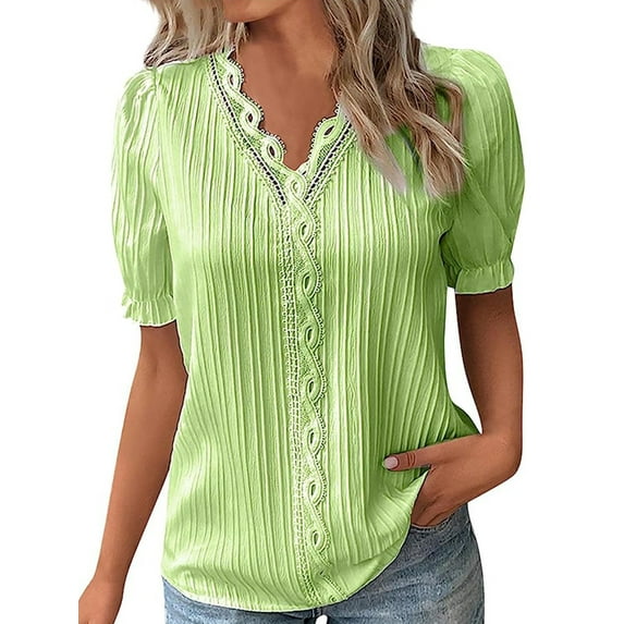 Enwejyy Womens Summer Hollow Out Solid Short Sleeve V-Neck Basic Blouse