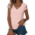 thumbnail image 1 of Enwejyy Womens Summer Lace Hollow Out Solid Color Shor Sleeve V-Neck Basic Pullover T-Shirt, 1 of 4