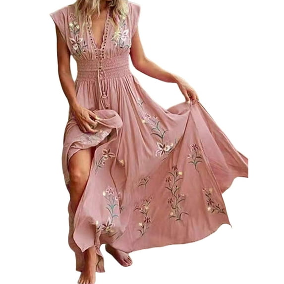 Enwejyy Womens Summer Vocation Floral Print V-Neck Short Sleeve Mid Lengh Fit & Flare Dress