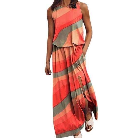 Enwejyy Womens Summer Vocation Spliced Round Neck Sleeveless Striped Floral Print Tank Dresses Sundresses