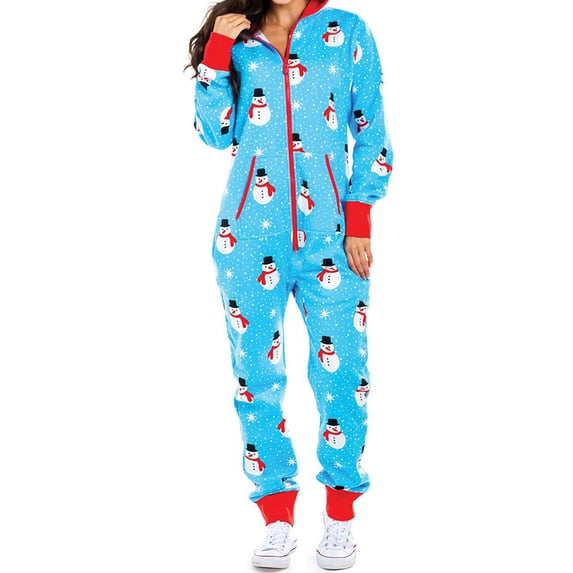 Enwejyy Womens Winter Pockets Christmas Check Palid Snowman Print Spliced Long Sleeve One Piece Jumpsuit Pajamas Sleepwear