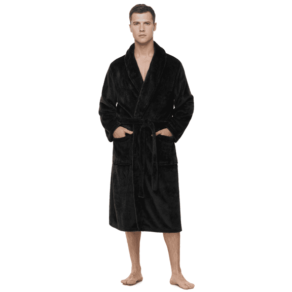 Enwphrey Men's Robe - Long Fleece Bathrobe with Belt, Soft Plush Fluffy, Warm & Cozy Robes for Men (Black,L-XL)