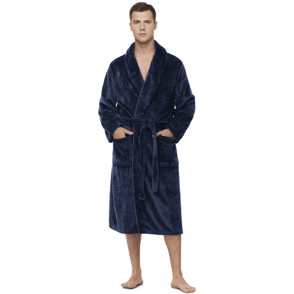 Enwphrey Men's Robe - Long Fleece Bathrobe with Belt, Soft Plush Fluffy, Warm & Cozy Robes for Men (Navy,2XL-3XL)