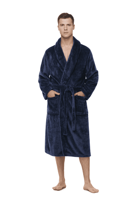 Men's Robe - Long Fleece Bathrobe with Belt, Soft Plush Fluffy, Warm & Cozy Robes for Men (Navy,S-M)