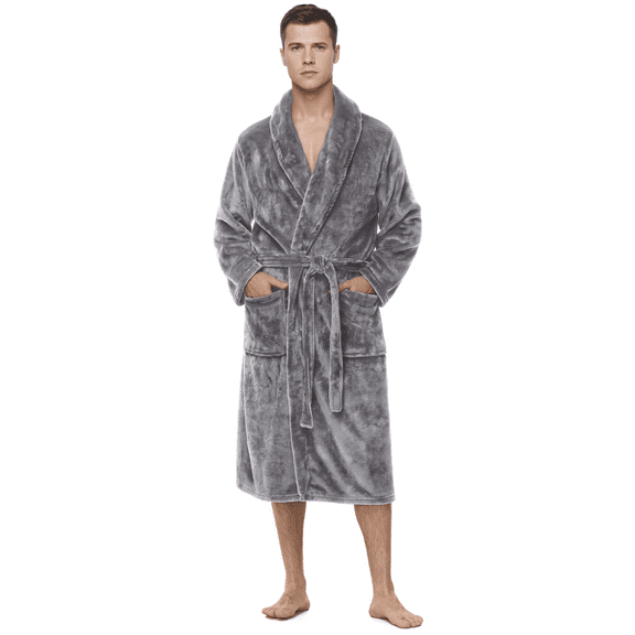Enwphrey Men's Robe - Long Fleece Bathrobe with Belt, Soft Plush Fluffy, Warm & Cozy Robes for Men (Steel Grey,L-XL)