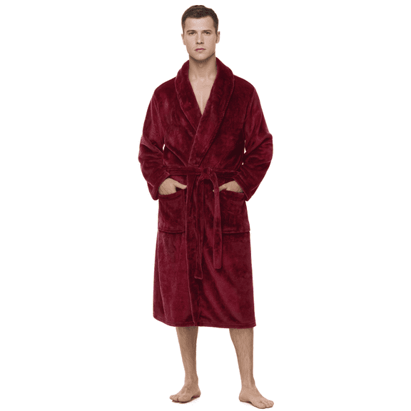 Enwphrey Men's Robe - Long Fleece Bathrobe with Belt, Soft Plush Fluffy, Warm & Cozy Robes for Men (Wine Red,2XL-3XL)