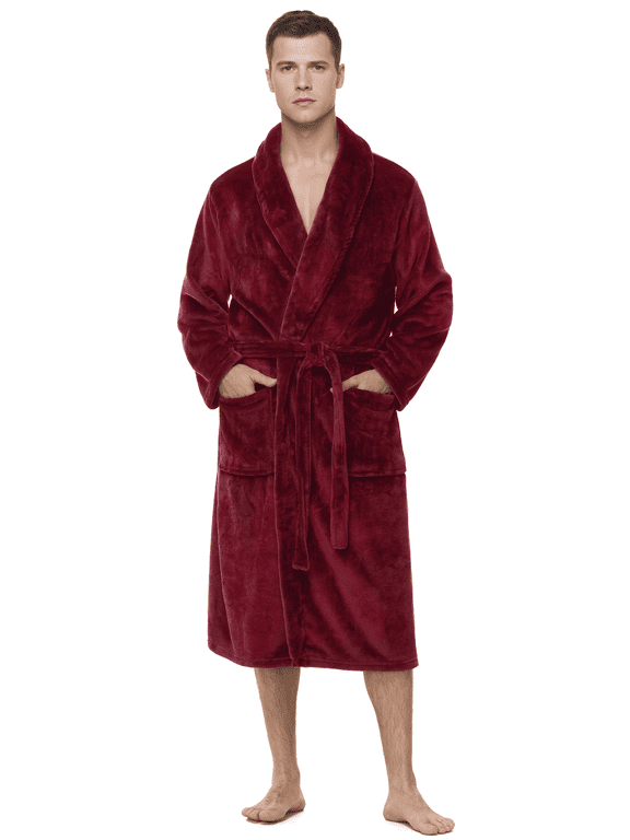 Men's Robe - Long Fleece Bathrobe with Belt, Soft Plush Fluffy, Warm & Cozy Robes for Men (Wine Red,L-XL)