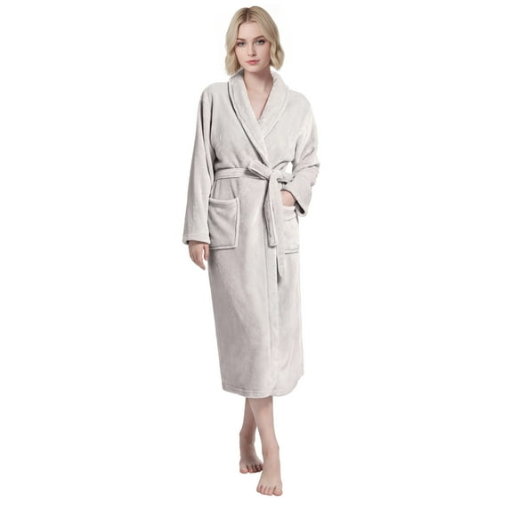 Enwphrey Beige Women Robe Soft Cozy Warm Bathrobe Ladies Long Fleece Plush Comfy Spa Housecoat Lightweight Robe for Women (2XL-3XL, Light Beige)