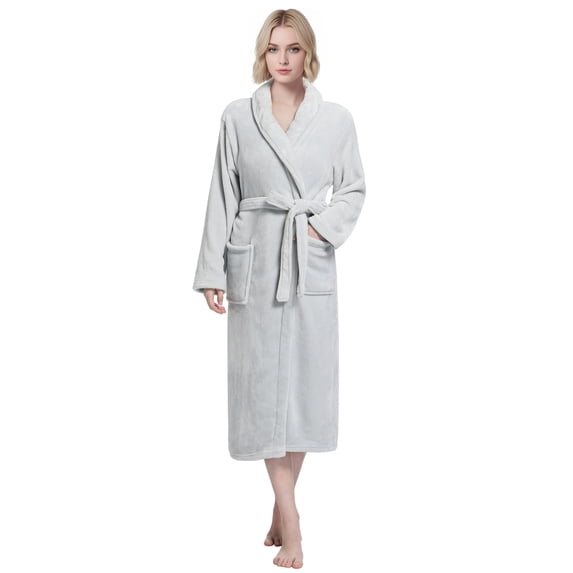 Enwphrey Grey Women Robe Soft Cozy Warm Bathrobe Ladies Long Fleece Plush Comfy Spa Housecoat Lightweight Robe for Women (2XL-3XL, Light Grey)