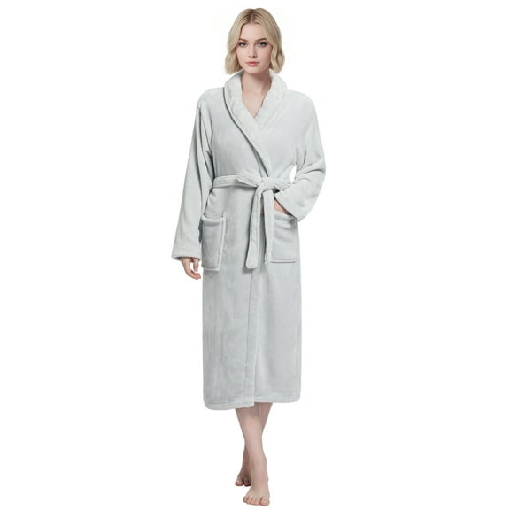 Enwphrey Grey Women Robe Soft Cozy Warm Bathrobe Ladies Long Fleece Plush Comfy Spa Housecoat Lightweight Robe for Women (2XL-3XL, Light Grey)