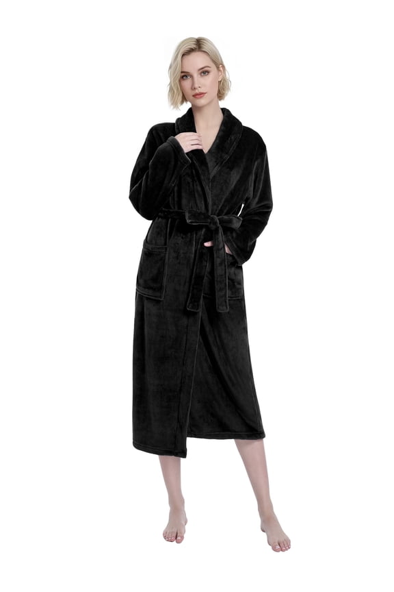 Black Women Robe Soft Cozy Warm Bathrobe Ladies Long Fleece Plush Comfy Spa Housecoat Lightweight Robe for Women (L-XL, Black)