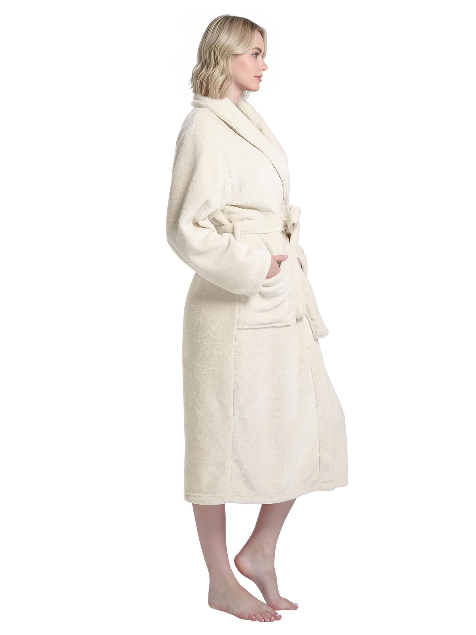 L-XL Enwphrey Cream Women Robe Soft Cozy Warm Bathrobe Ladies Long Fleece Plush Comfy Spa Housecoat Lightweight Robe for Women (L-XL, Cream)