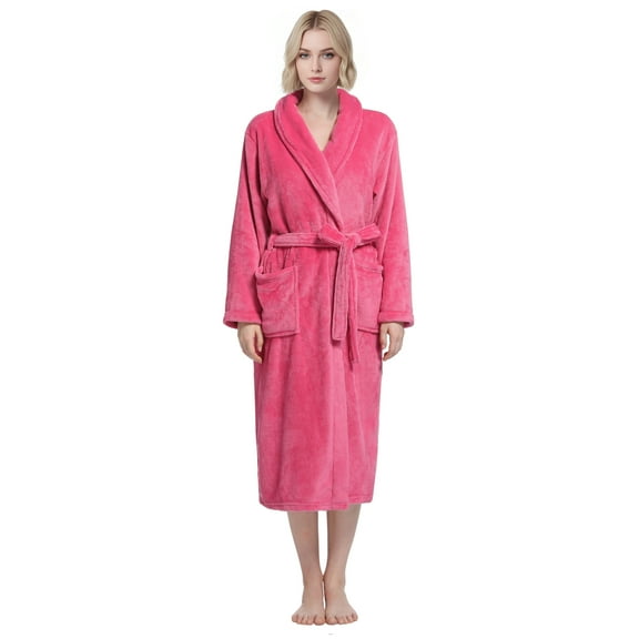 Enwphrey Rose Red Women Robe Soft Cozy Warm Bathrobe Ladies Long Fleece Plush Comfy Spa Housecoat Lightweight Robe for Women (L-XL, Rose Red)