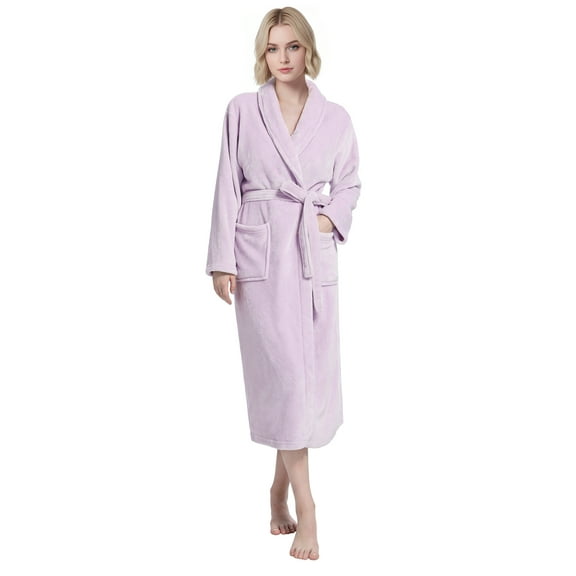 Enwphrey Light Purple Women Robe Soft Cozy Warm Bathrobe Ladies Long Fleece Plush Comfy Spa Housecoat Lightweight Robe for Women (S-M, Lavender)