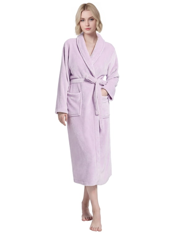 Light Purple Women Robe Soft Cozy Warm Bathrobe Ladies Long Fleece Plush Comfy Spa Housecoat Lightweight Robe for Women (S-M, Lavender)