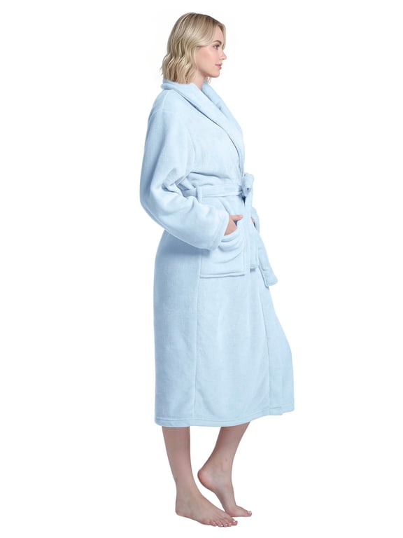 Blue Women Robe Soft Cozy Warm Bathrobe Ladies Long Fleece Plush Comfy Spa Housecoat Lightweight Robe for Women (S-M, Light Blue)